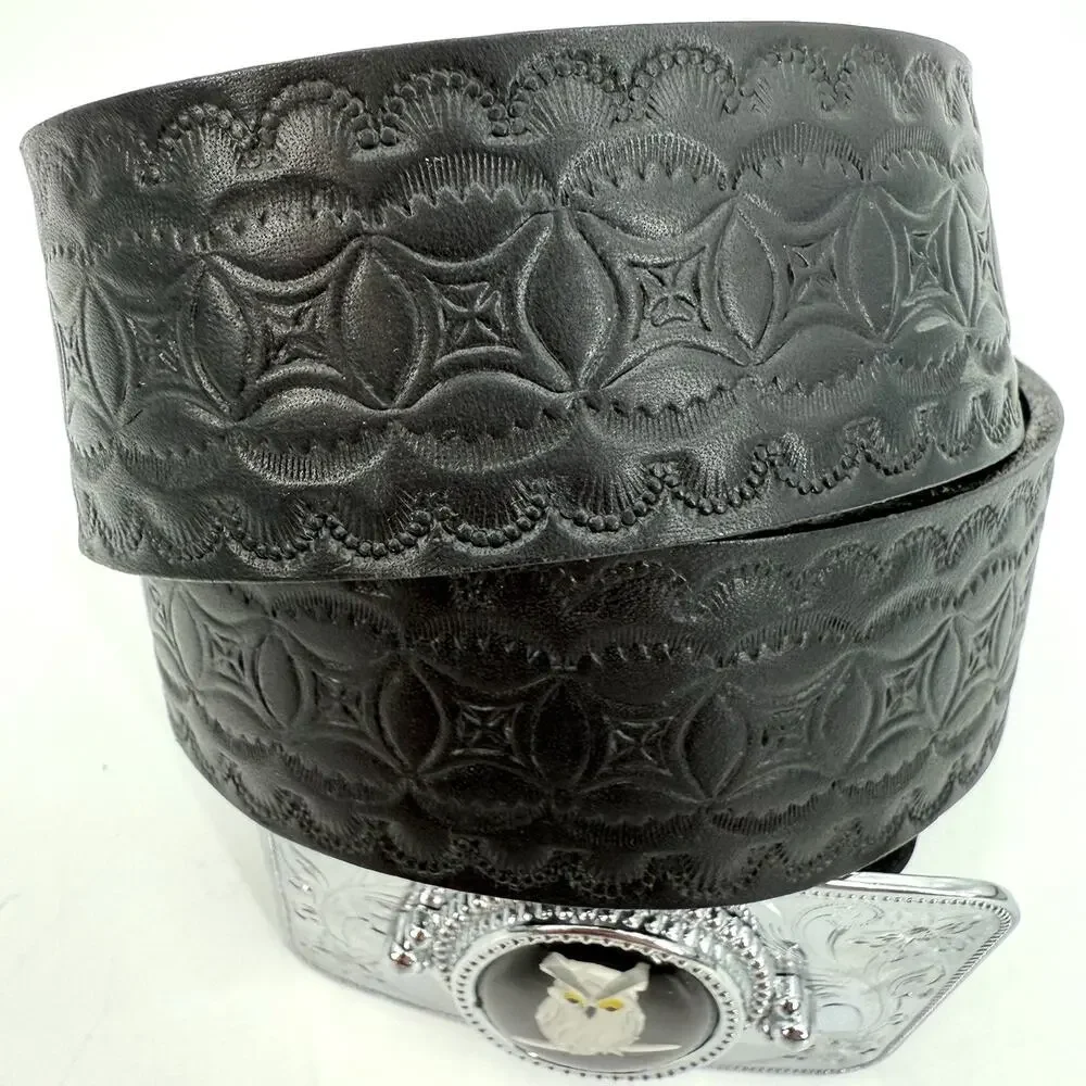 Cameo Owl Belt Buckle with 36 inch Black Tooled Leather Belt 1.5 Inch Width